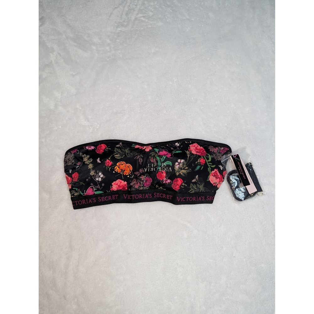 Victoria's Secret Swim Floral Bandeau Bikini Top Logo Band Black Multi M NWT‎